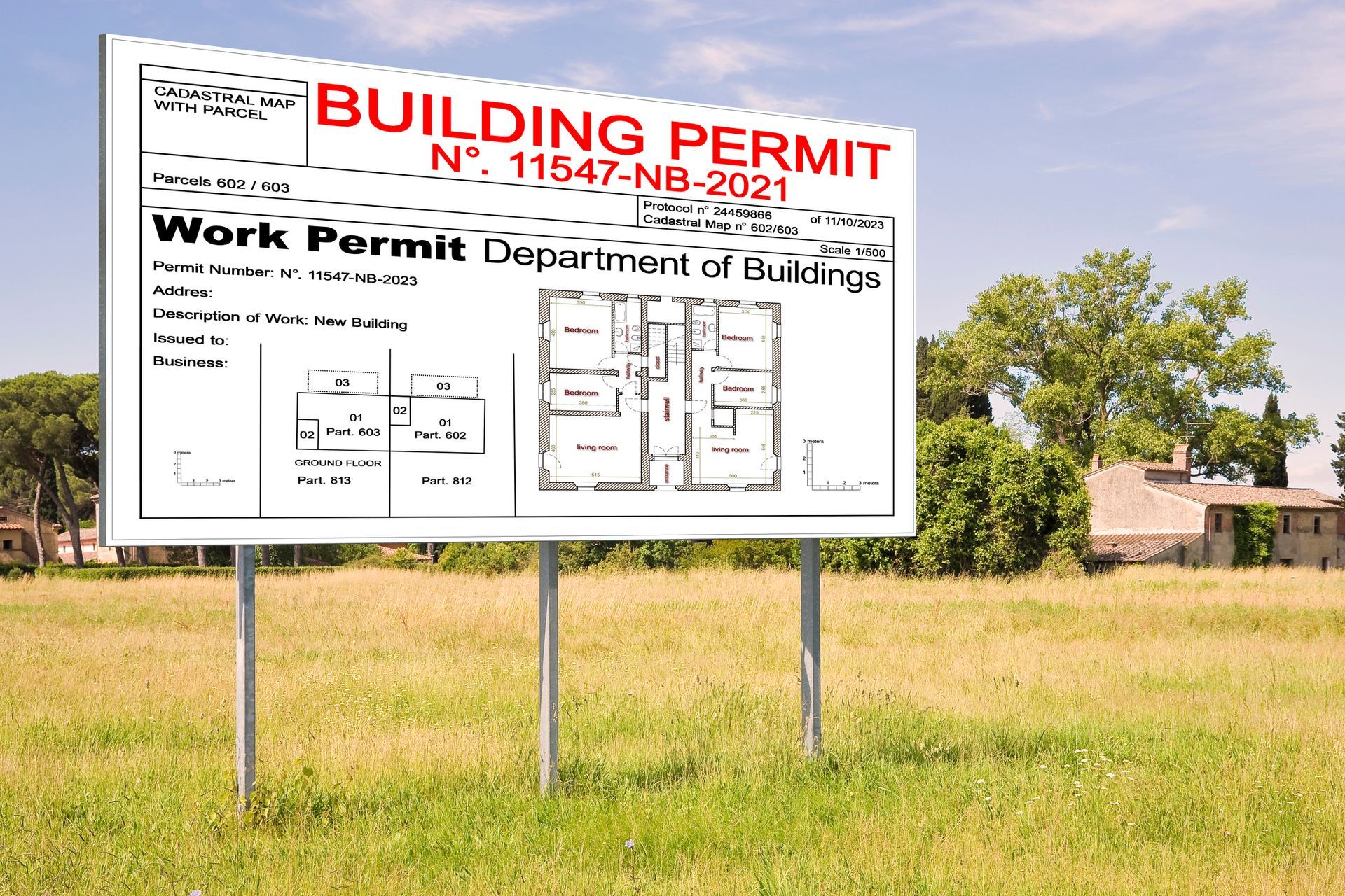 A building permit is on a billboard in a field