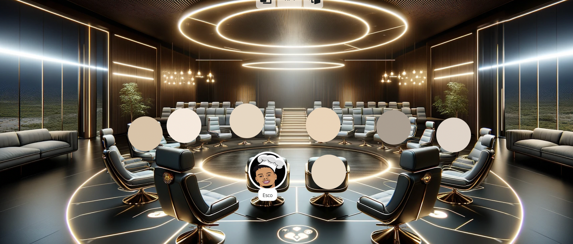 An artist 's impression of a futuristic conference room with a table and chairs.