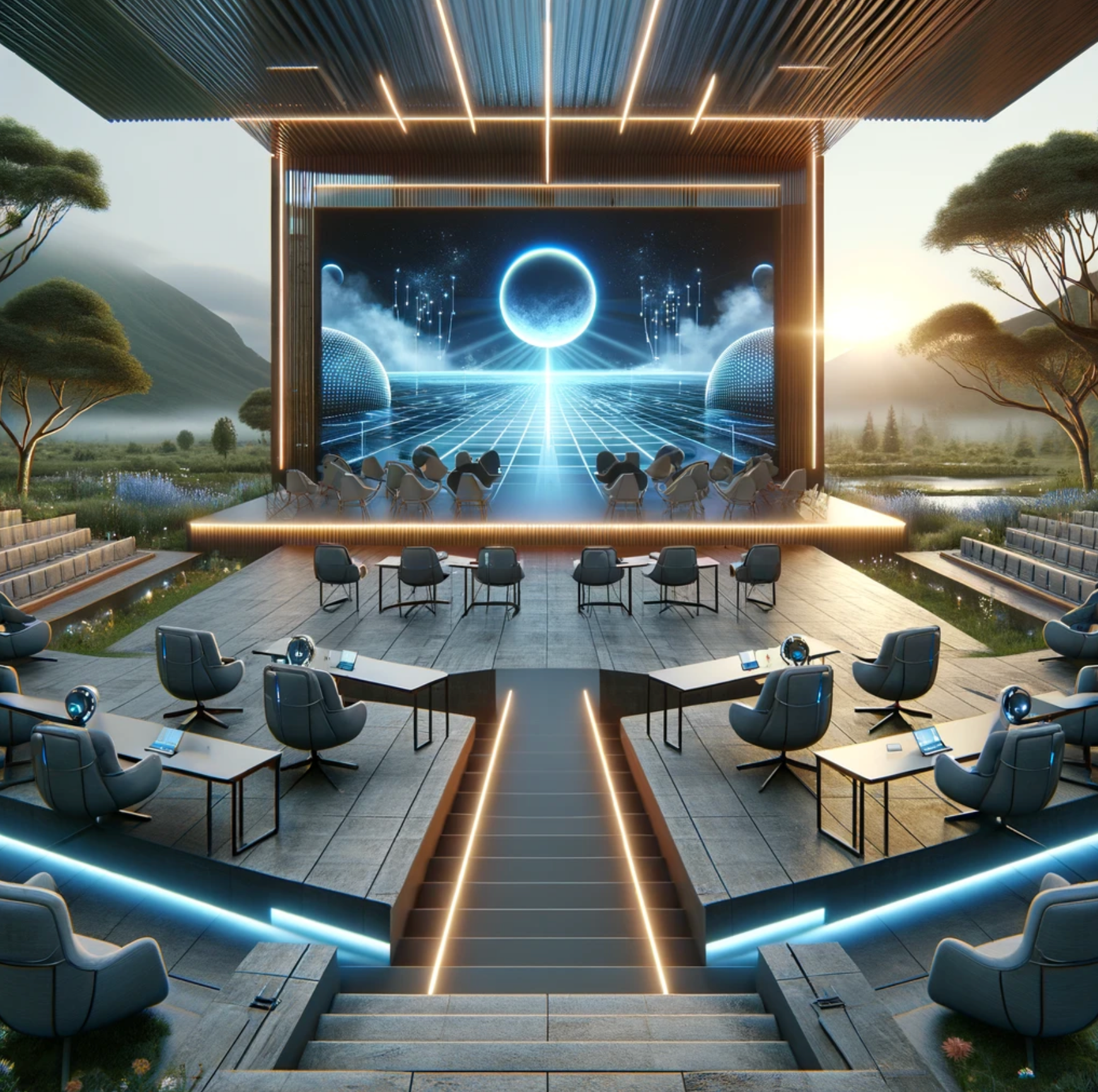 A large screen is in the middle of a room with chairs and tables