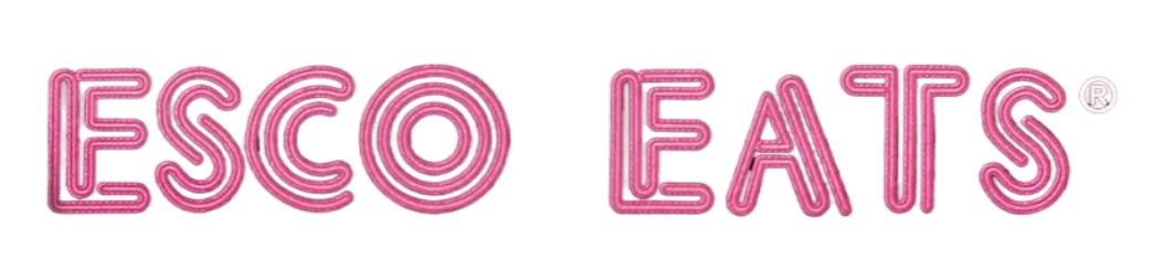 The logo for esco eats is pink on a white background.