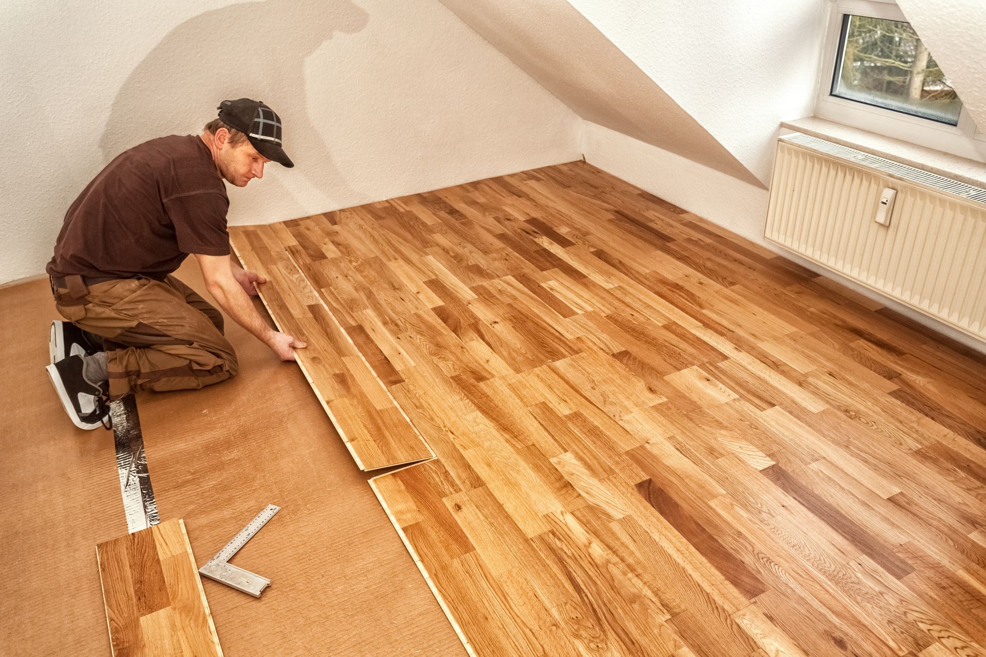 A craftsman lays oak parquet with a click system.
