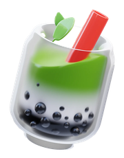 Green tea boba drink in a clear plastic cup with red straw and green leaves.