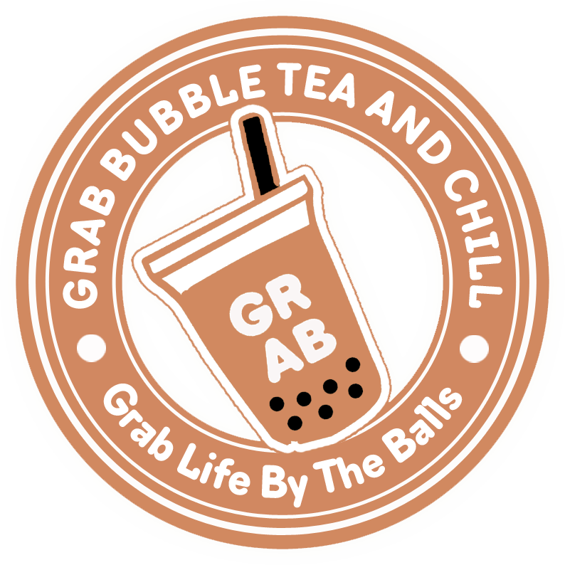 Brown and white logo with bubble tea cup, 