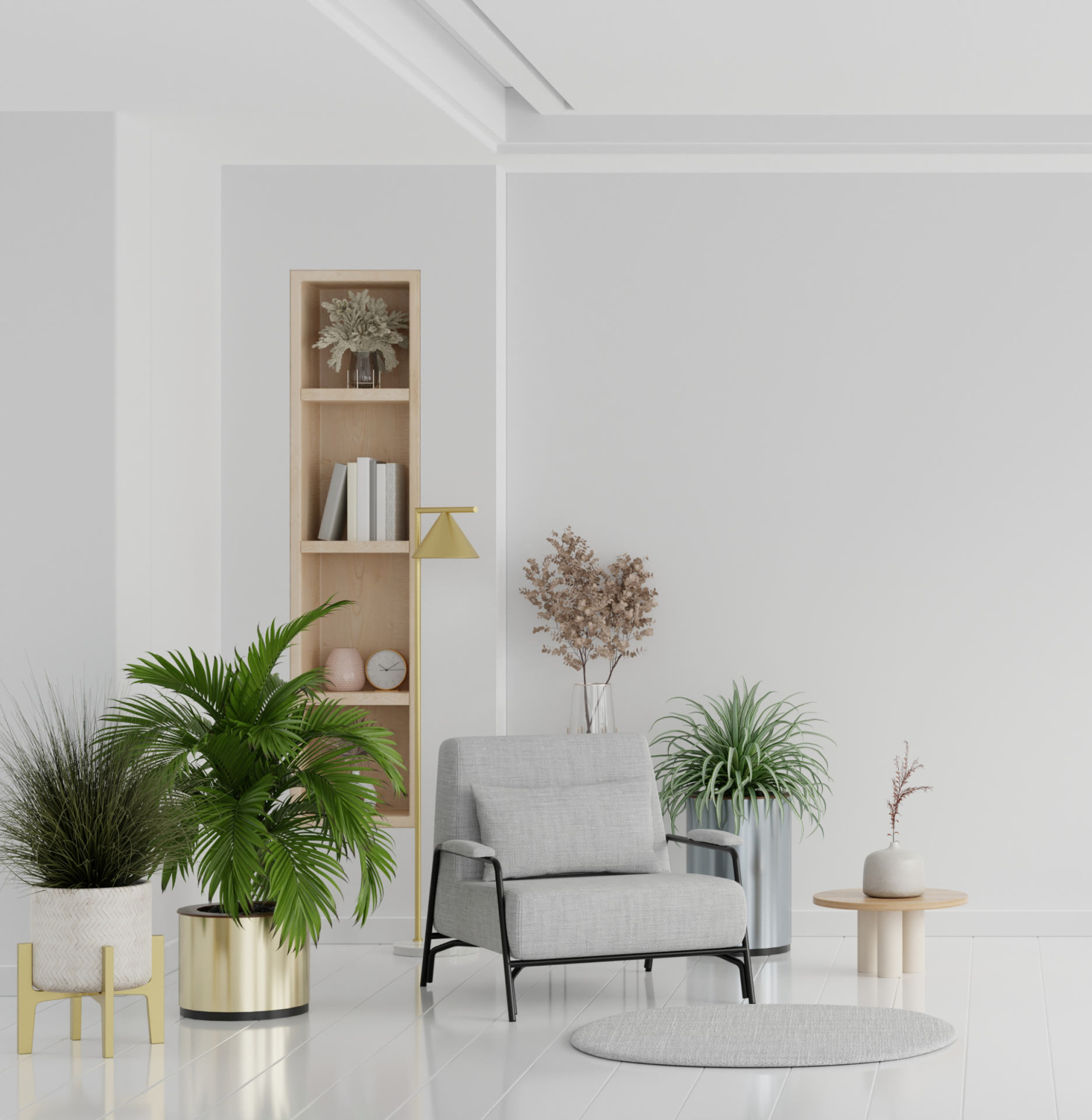 A living room with a chair , table , and plants.