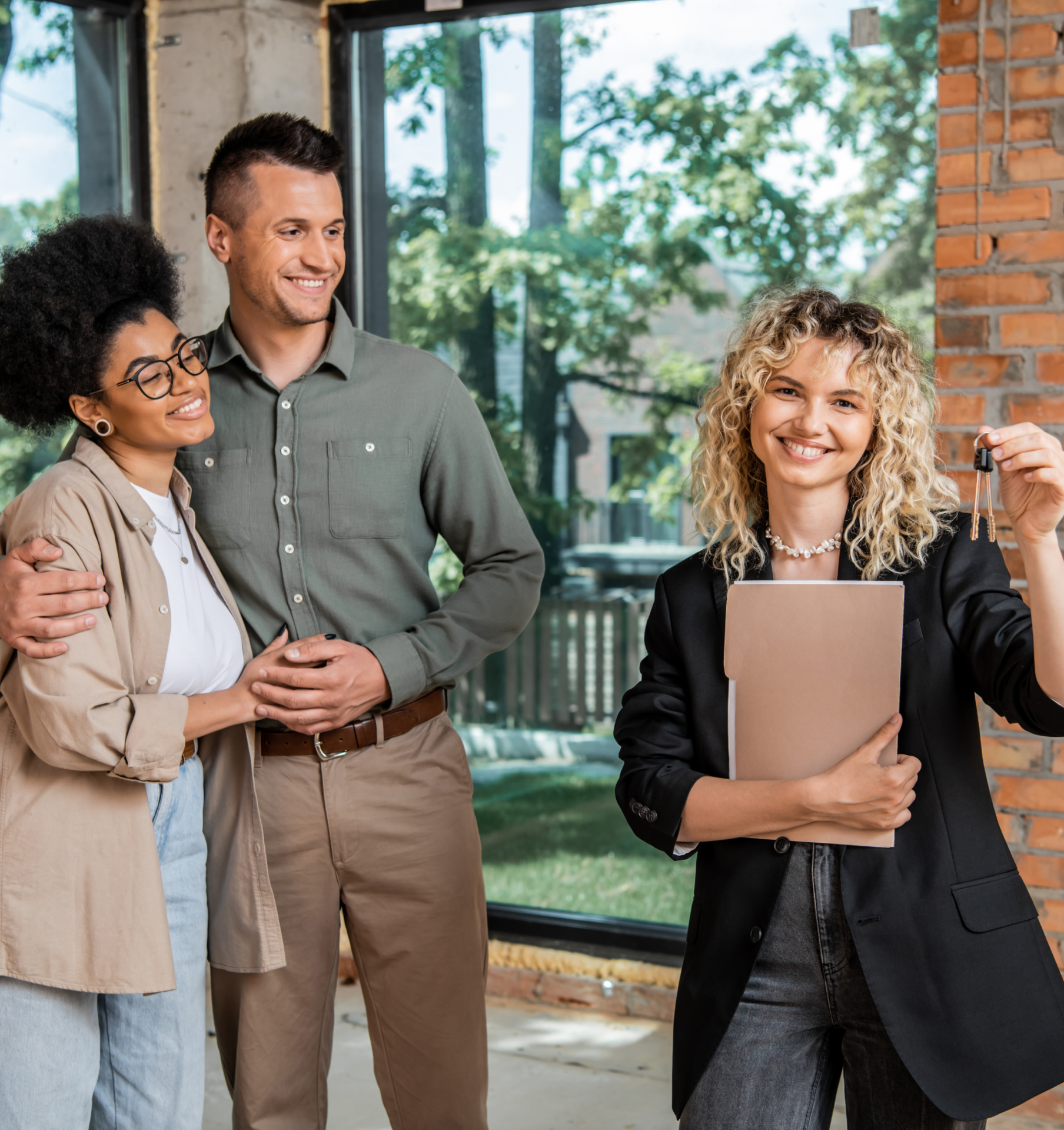 A woman is holding a clipboard and keys while standing next to a man and a woman.