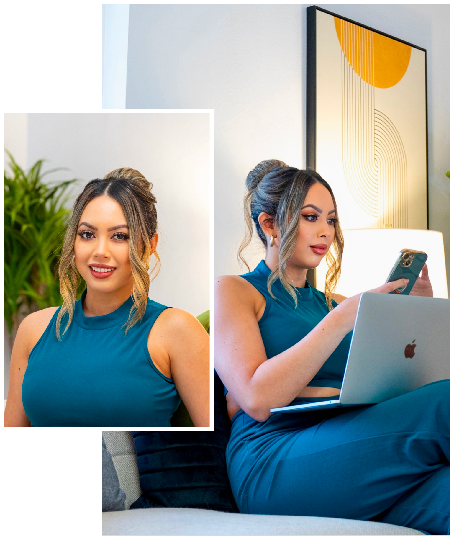 A woman in a blue dress is sitting on a couch using a laptop and a cell phone.