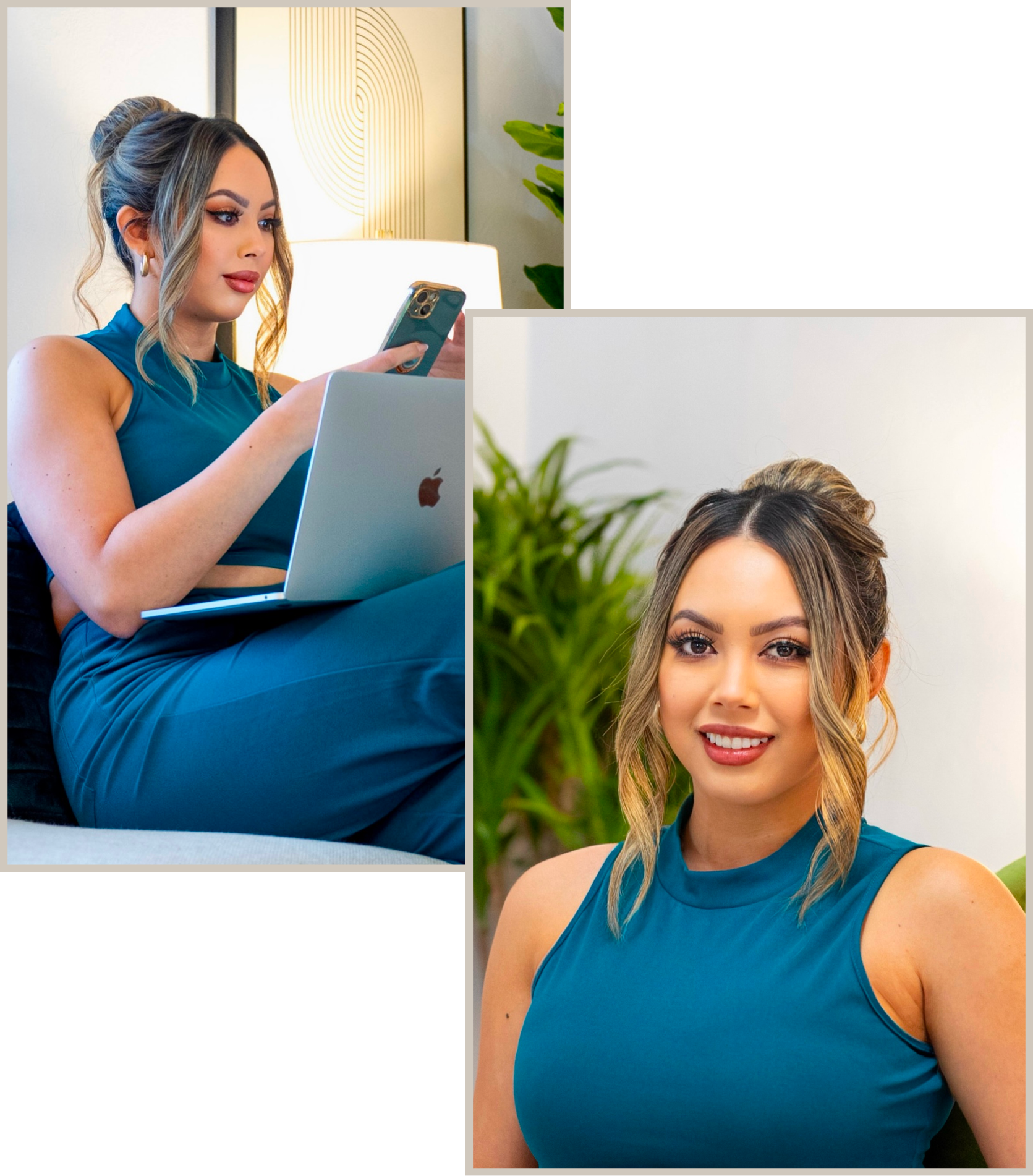 A woman in a blue dress is sitting on a couch with a laptop and a cell phone.