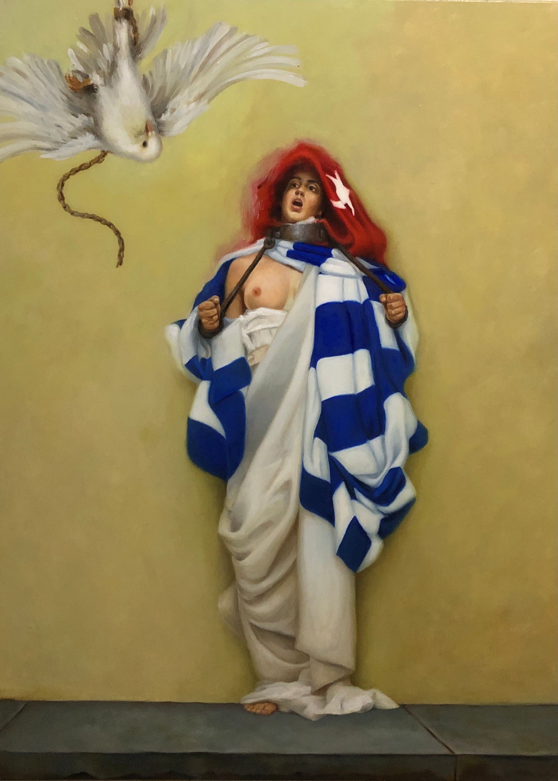 Una Pintura obscura y tenebrosa del artista Fabres de Costa expuesta en el Museo El Prado, Espana; inspiró al artista a recrear una obra que refleja una mujer joven y hermosa atada con cadenas a su cuello y manos, y su rostro está lleno de dolor y desesperación.
La pintura es una metáfora del sufrimiento de una nación atrapada, sometida a la opresión y la tiranía. Una obra de arte poderosa y conmovedora que nos invita a reflexionar sobre el valor de la libertad.