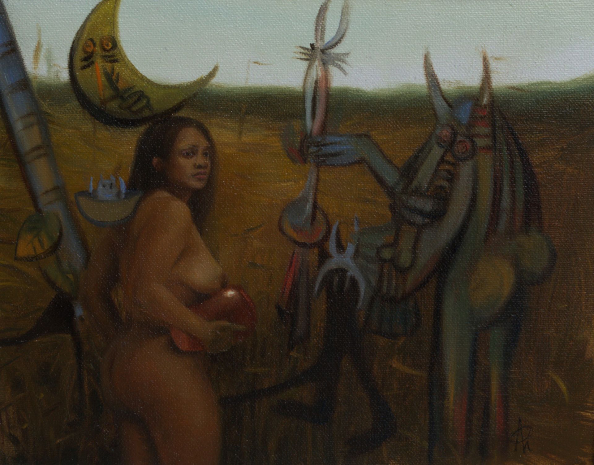 Inspirado por la obra Un Coq pour Changon de el famoso pintor cubano Wilfredo Lan esta pieza representa es un retrato Afro-cubano imaginario mostrando la libertad del arte y el parentesco del ser humano con la naturaleza.