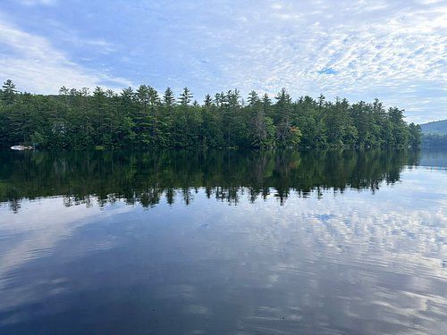 A lake with trees on the shore and trees reflected in the water.