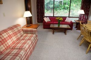 A living room with a red couch and a table