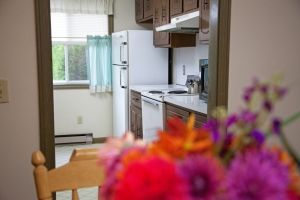 A kitchen with a refrigerator , stove , dishwasher and a table with flowers in the foreground.