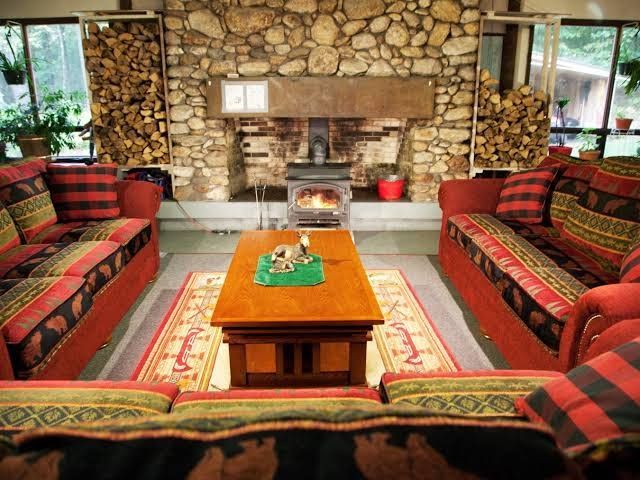 A living room filled with furniture and a fireplace