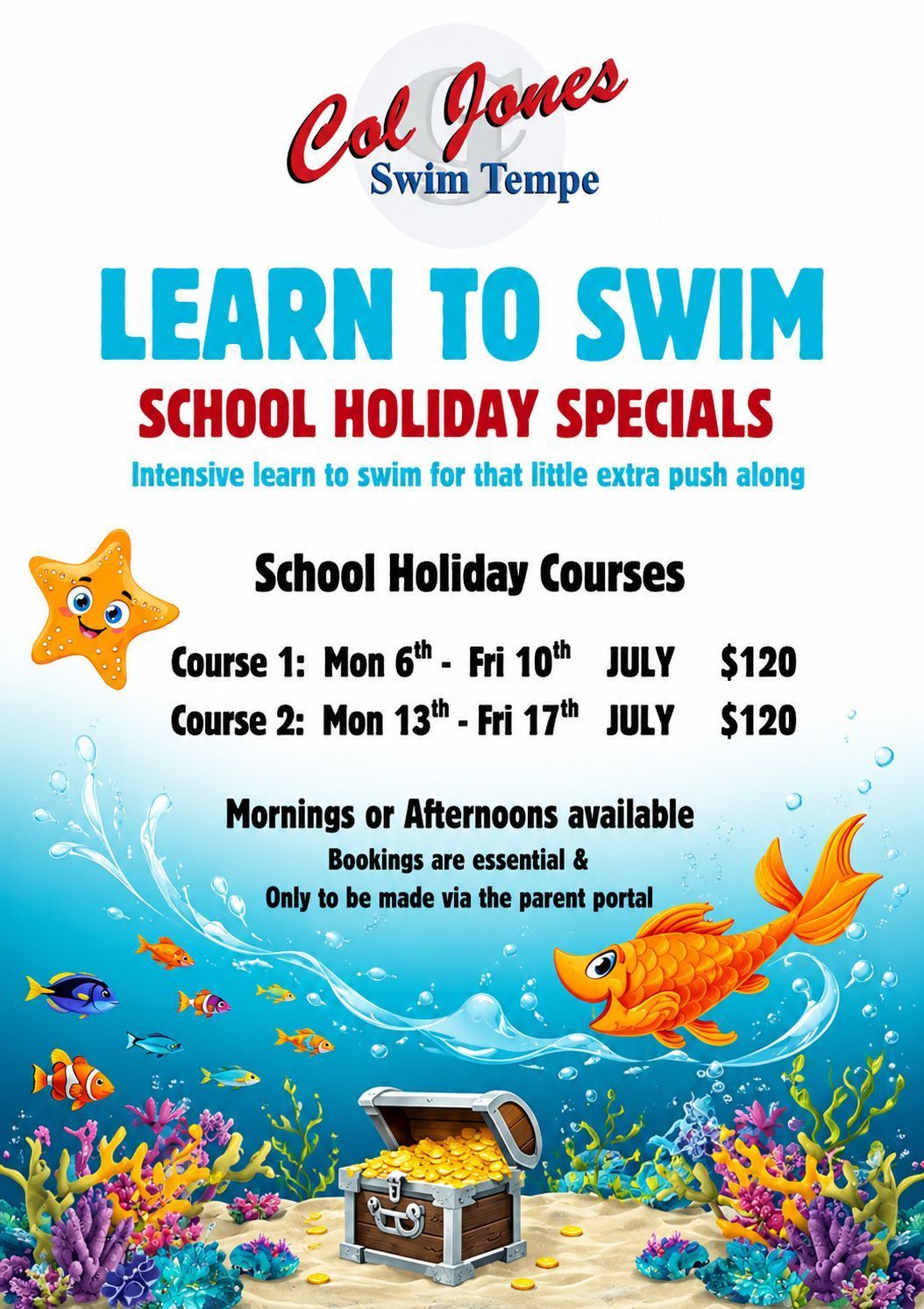 Col Jones Swim Temple school holiday swim course poster with sea life, treasure chest, and course dates/prices