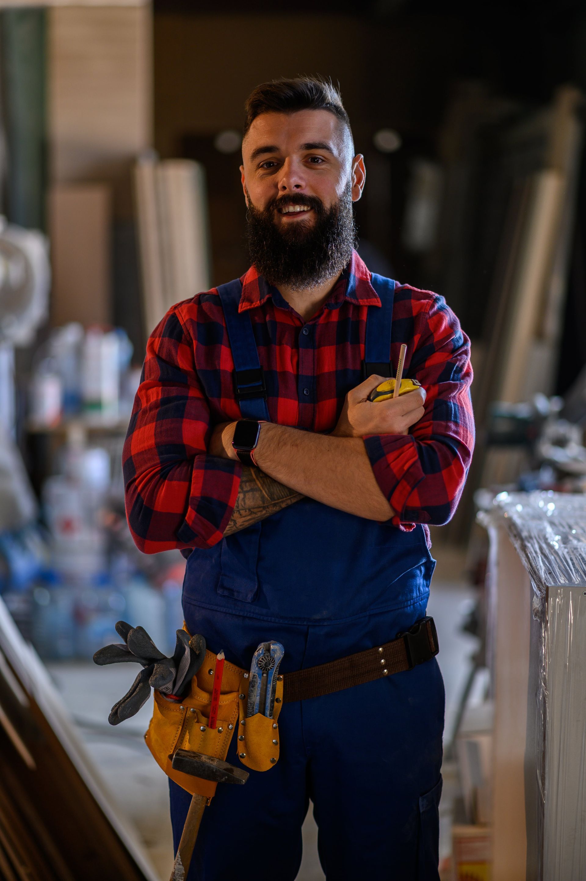 A man with a beard is standing in a workshop with his arms crossed and holding a tape measure.