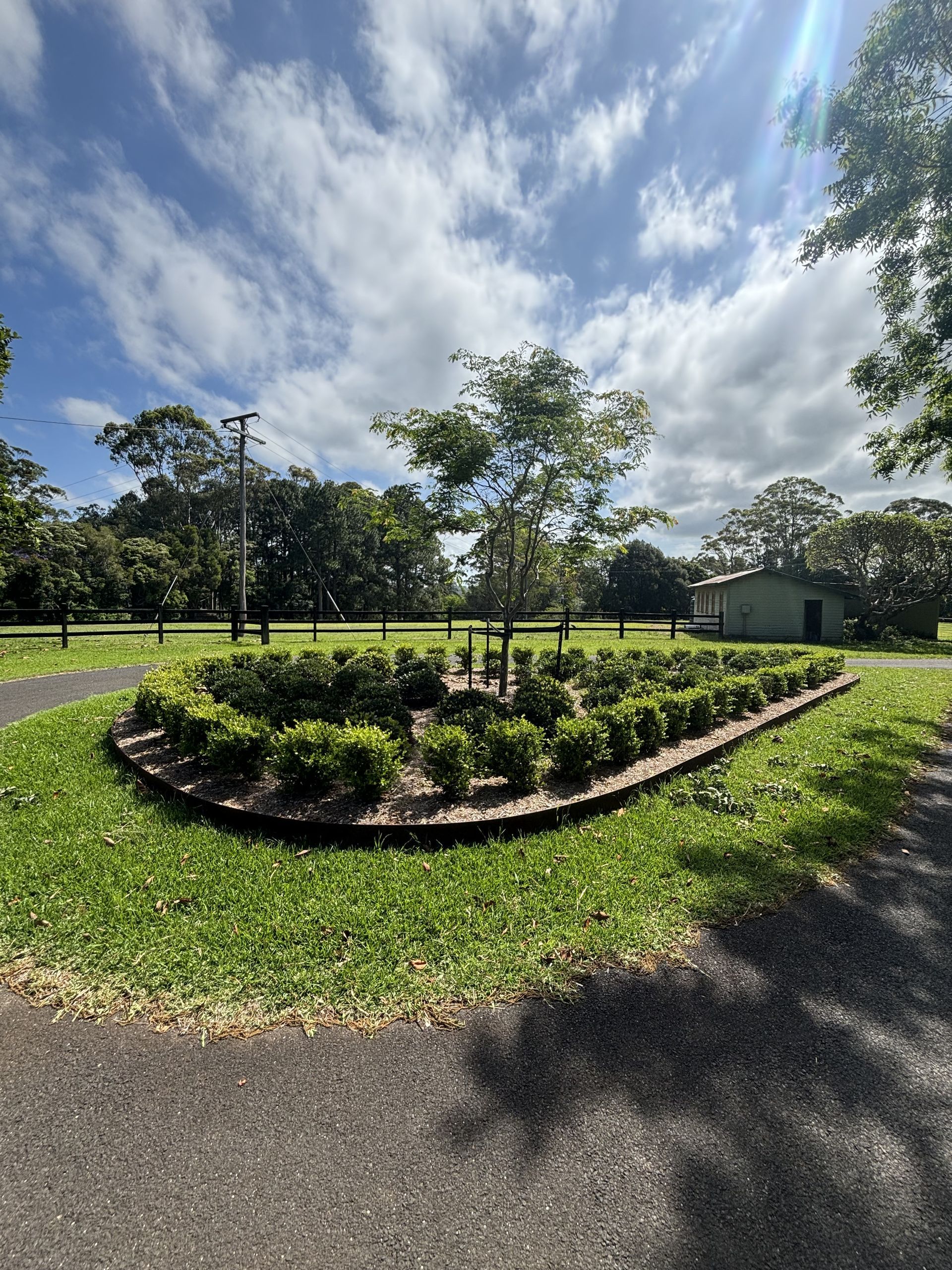 A park with a central flower bed, surrounded by grass and trees, under a cloudy blue sky.