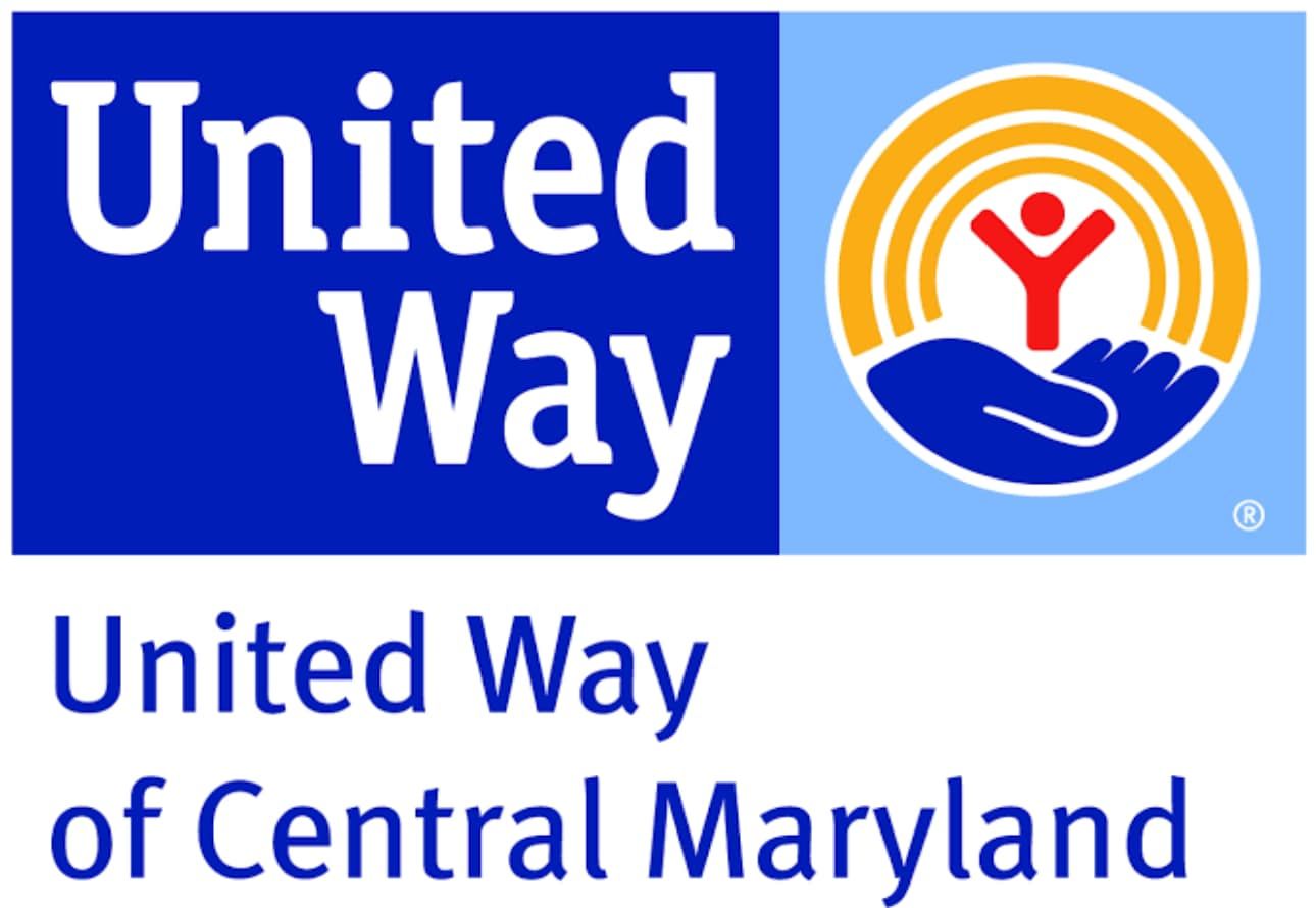 United Way logo with text, blue background, hand holding person symbol in orange rings, 