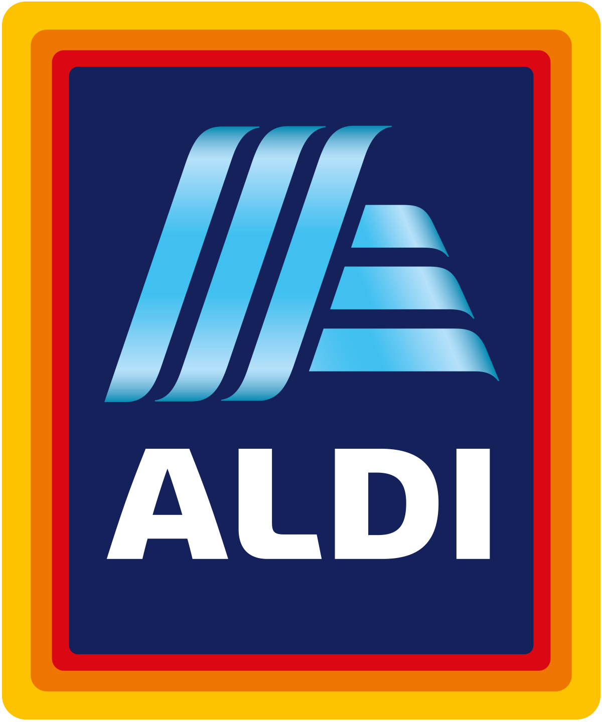 A blue and white aldi logo with a yellow border