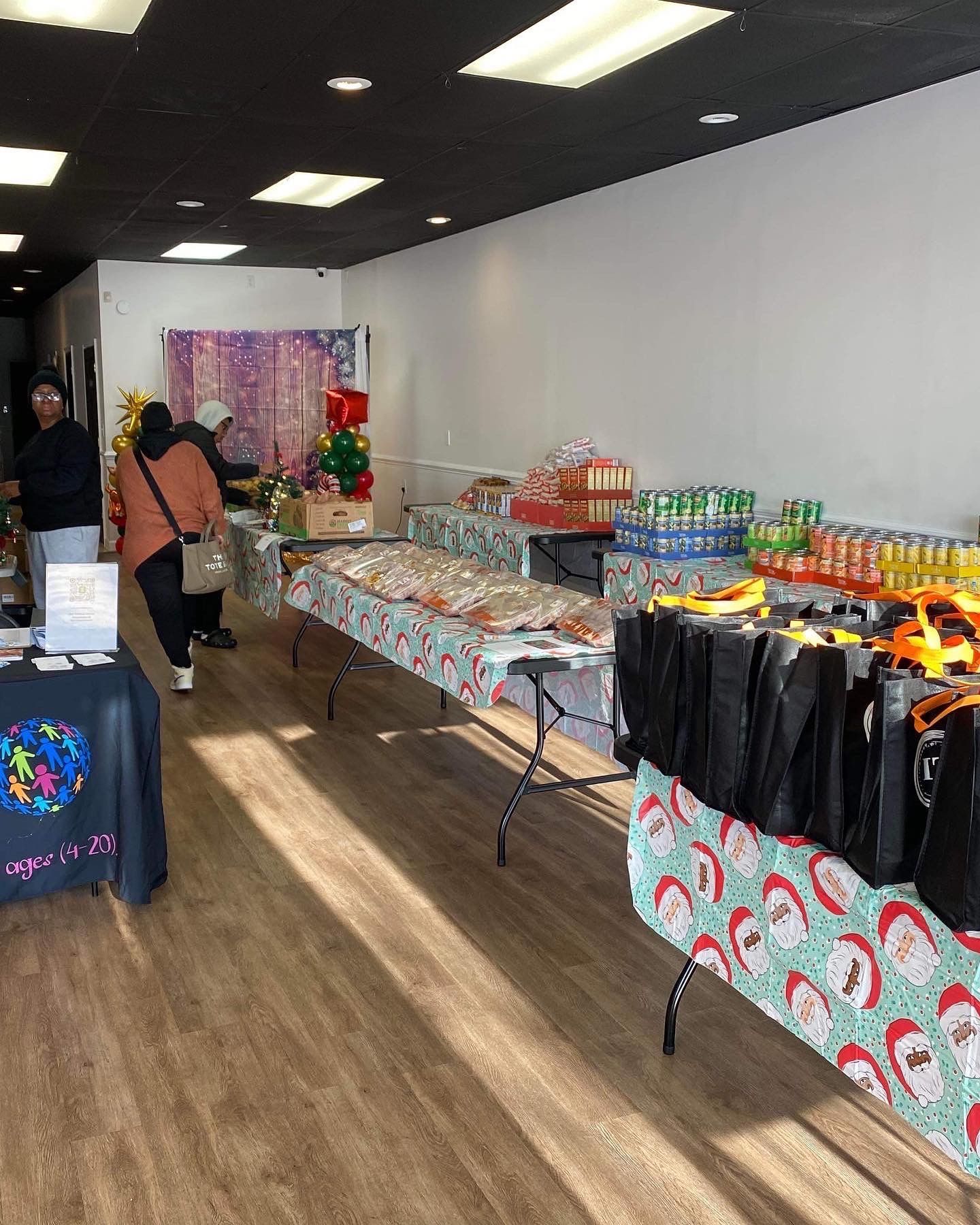 A room filled with tables and boxes of food.