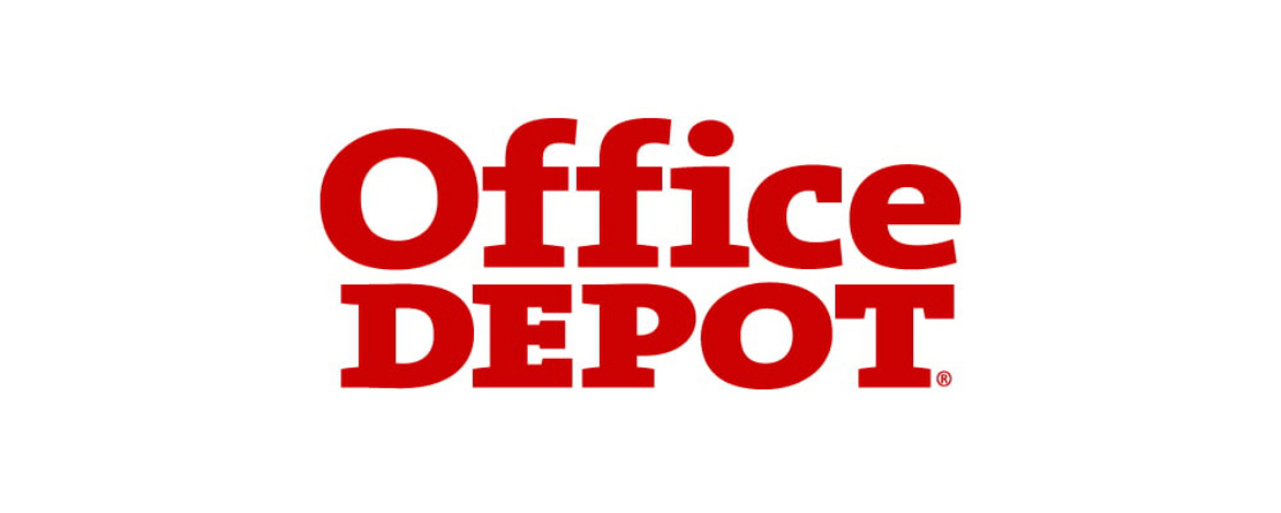 The logo for the office depot is red on a white background.