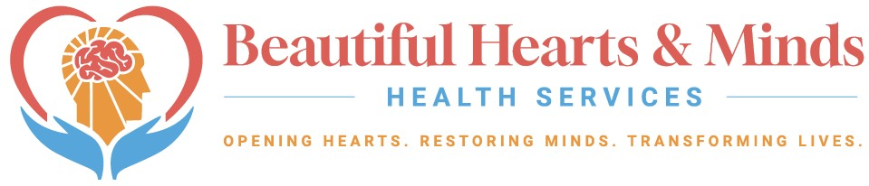 Logo for Beautiful Hearts & Minds Health Services. Heart, brain, hands, and text: 