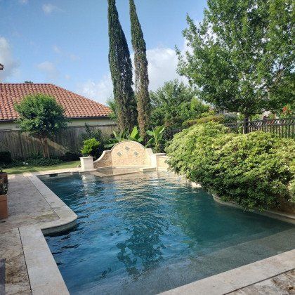 A large swimming pool surrounded by trees and bushes in a backyard.