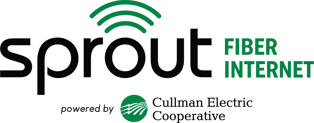 A logo for sprout fiber internet powered by cullman electric cooperative