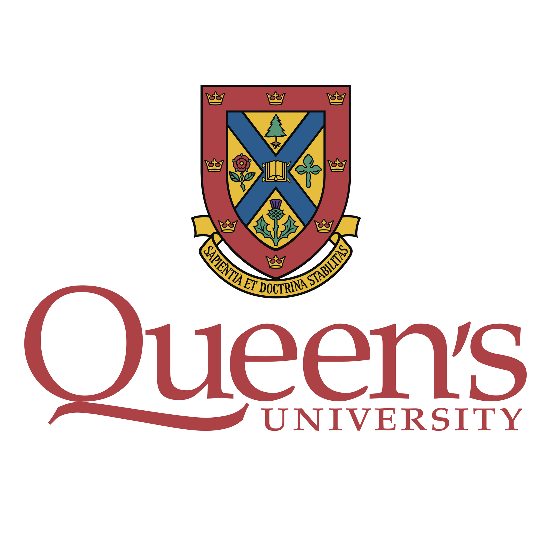 The queen 's university logo has a coat of arms on it