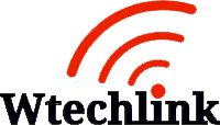 A logo for wtechlink with a red antenna on a white background
