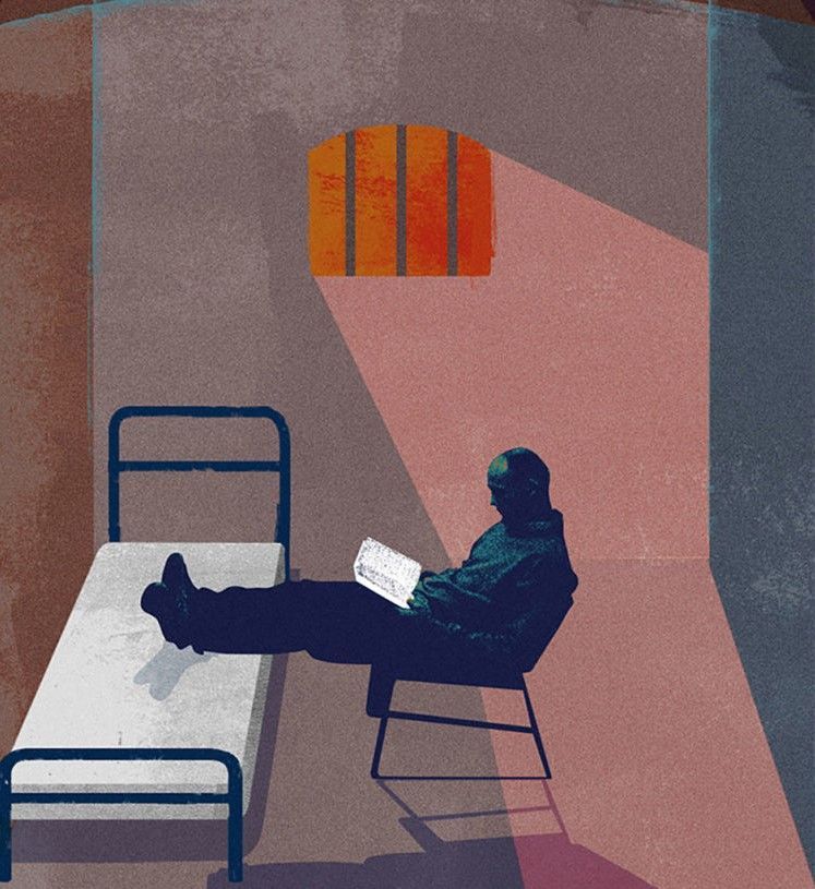 Illustration of a man in a prison cell sitting in a chair reading a book with his feet up on his bunk.