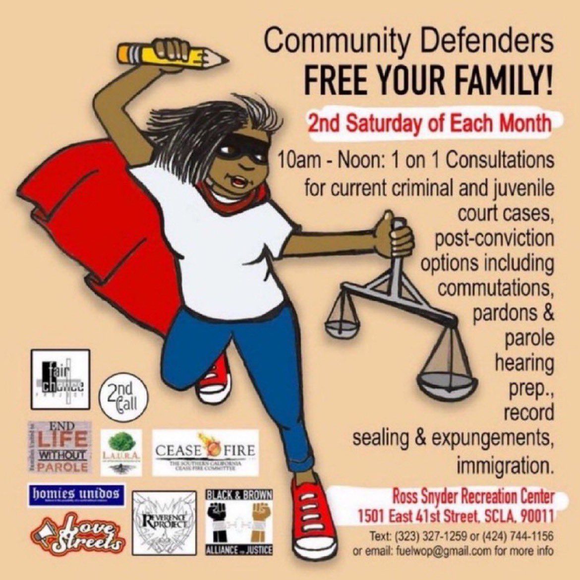 Flyer: Saturday April 12, free community defender resources at the Ross Snyder Rec Center in LA