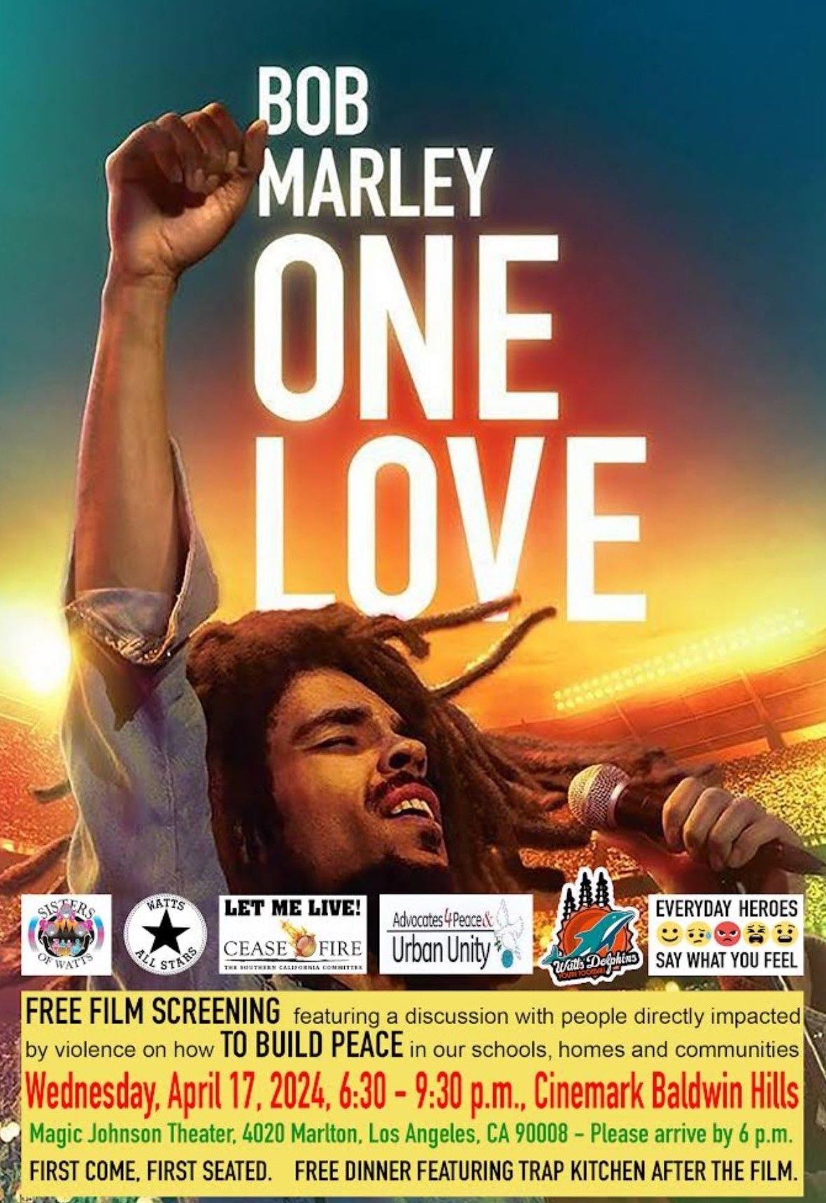 4/17 6pm, free meal and film screening of Bob Marley: One Love at Cinemark Baldwin Hills in LA