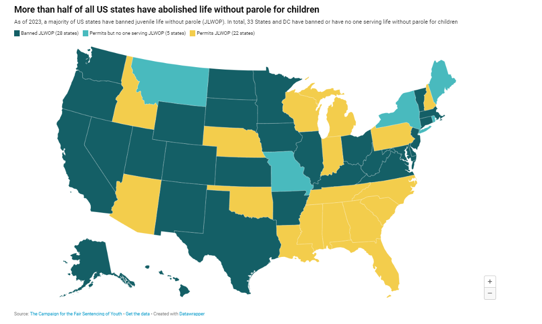 Map: JLWOP sentencing in the United States (Data from Campaign for the Fair Sentencing of Youth)