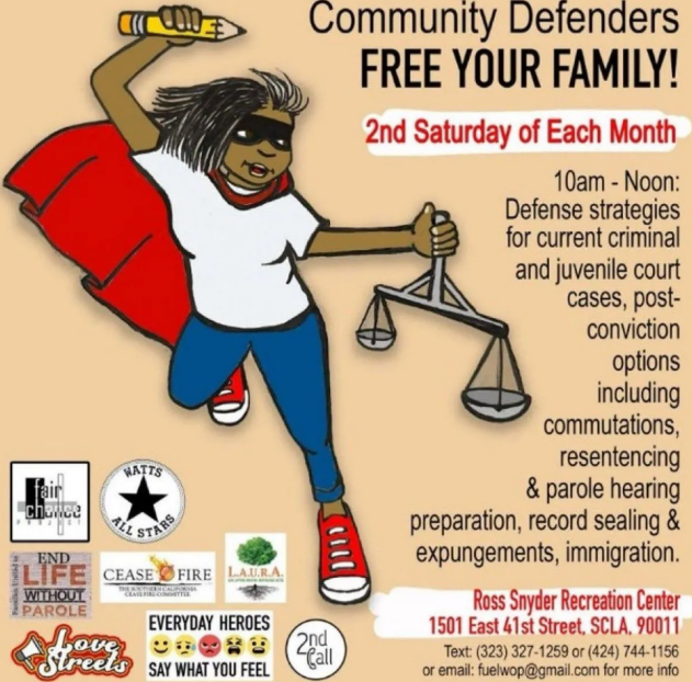 Graphic: Saturday April 12, free community defender resources at Ross Snyder Rec Center in LA 10a-12