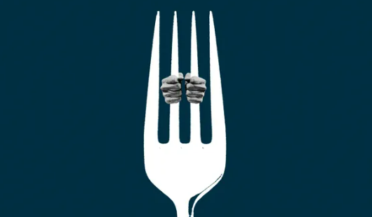 Illustration of two cuffed hands around two tines in a fork, similar to prison bars (Adam Maida)
