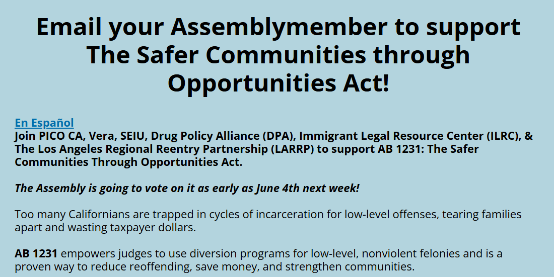 Graphic; urge your assemblyperson to support AB 1231 - Safer Communities through Opportunities Act