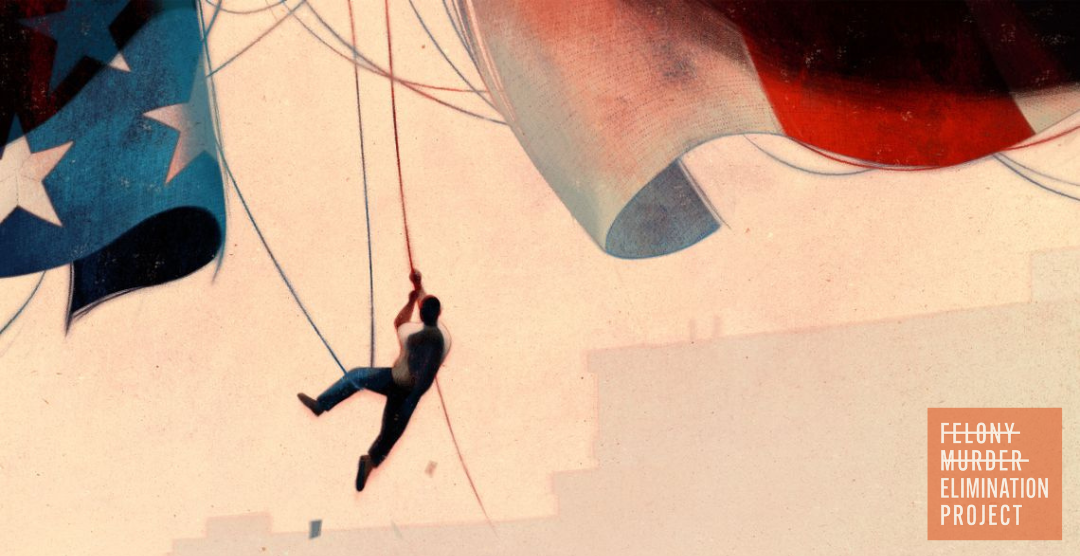 Figure hanging with desperation to flag lines attached to the US Flag (Owen Gent/Marshall Project)