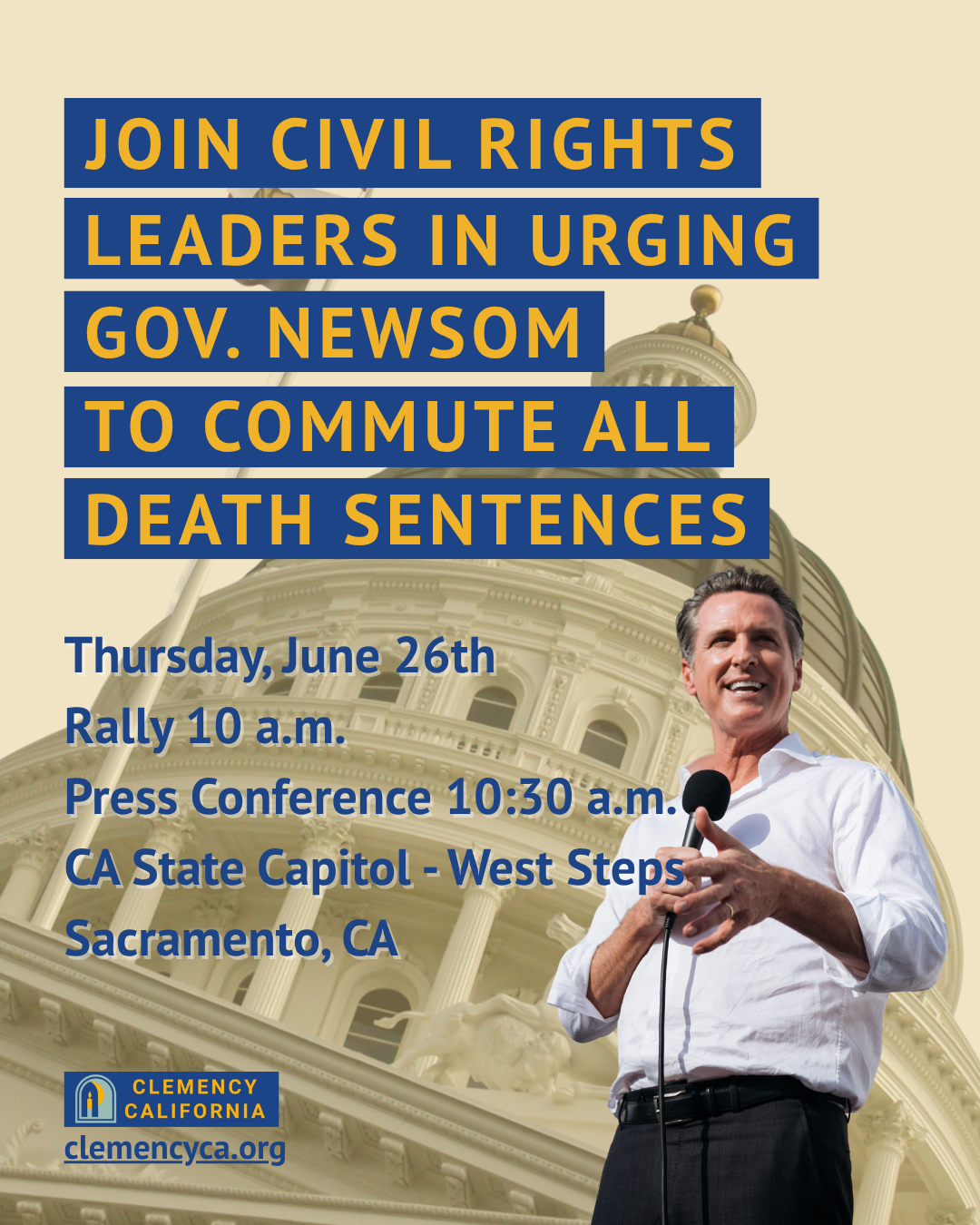 Join civil rights leaders to urge Gov. Newsom to commute all death sentences; rally at capital 6-26 