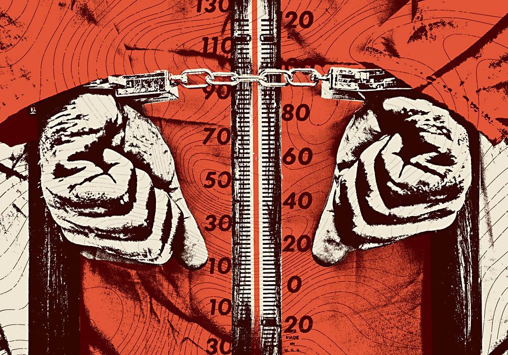 Illustration: hands in shackles with a thermometer backdrop (Zeke Barbaro/Getty Images)
