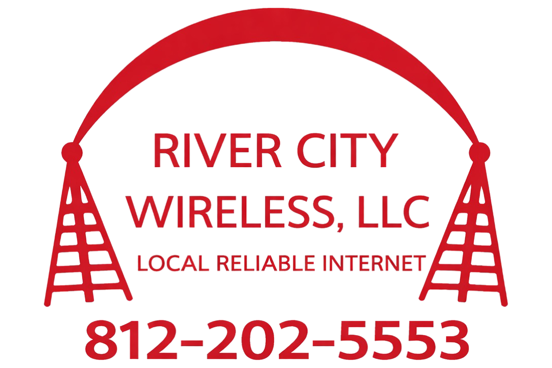 River City Wireless logo with red arch, towers, and phone number 812-202-5553.