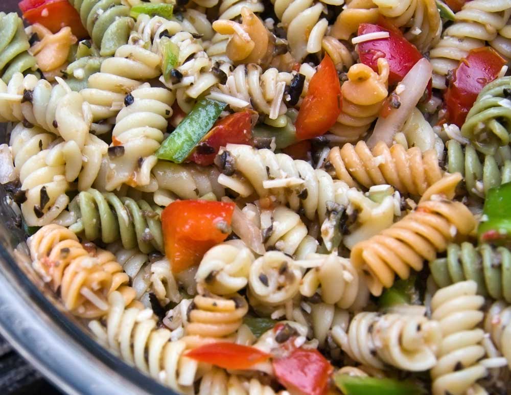 Close-up of fresh pasta salad in a bowl