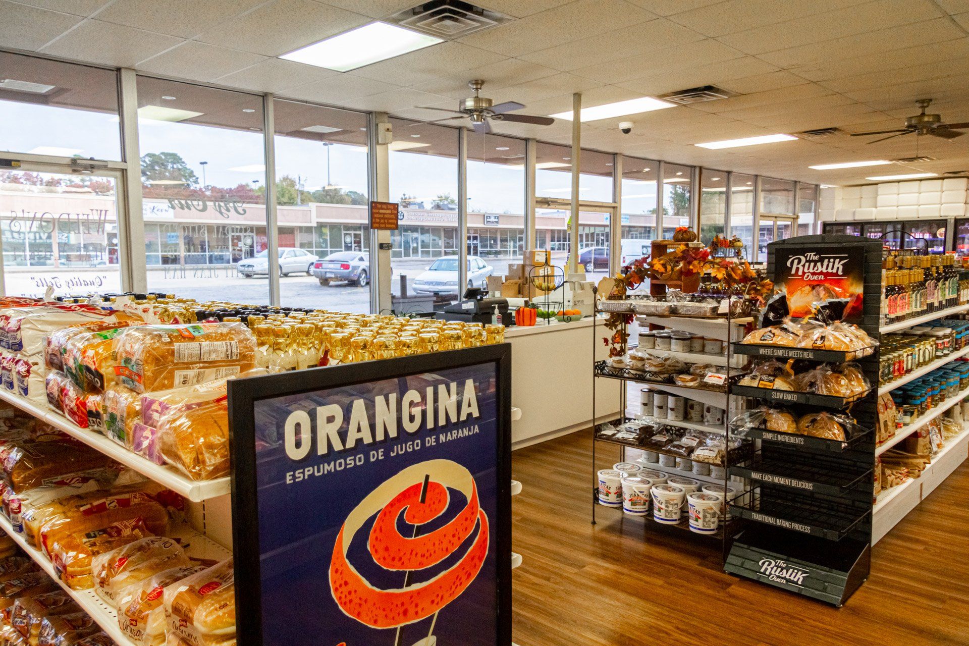 A bakery with a sign that says orangina on it.