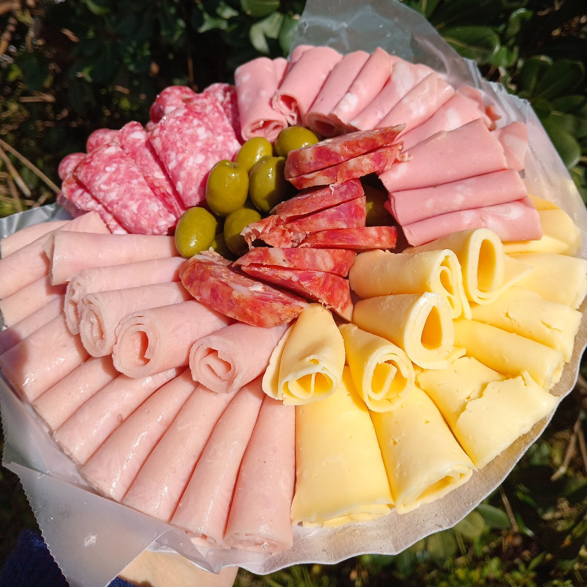 Una persona sostiene un plato de carnes y quesos.