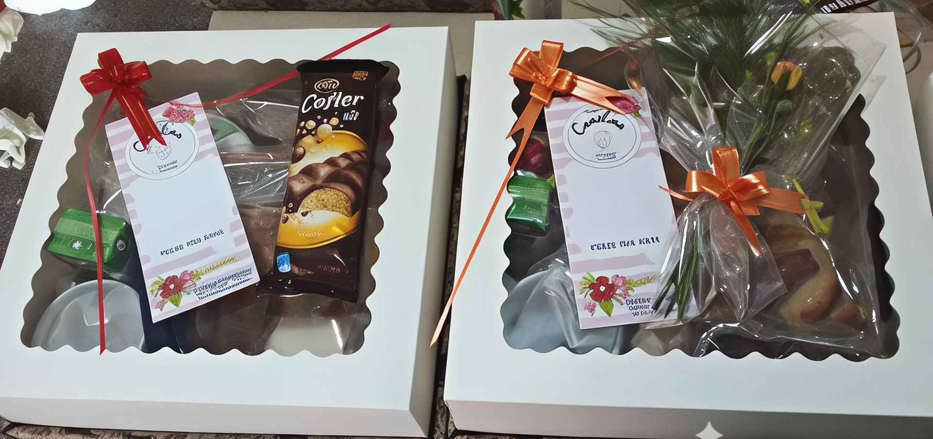 Dos cajas blancas llenas de comida y una barra de chocolate.