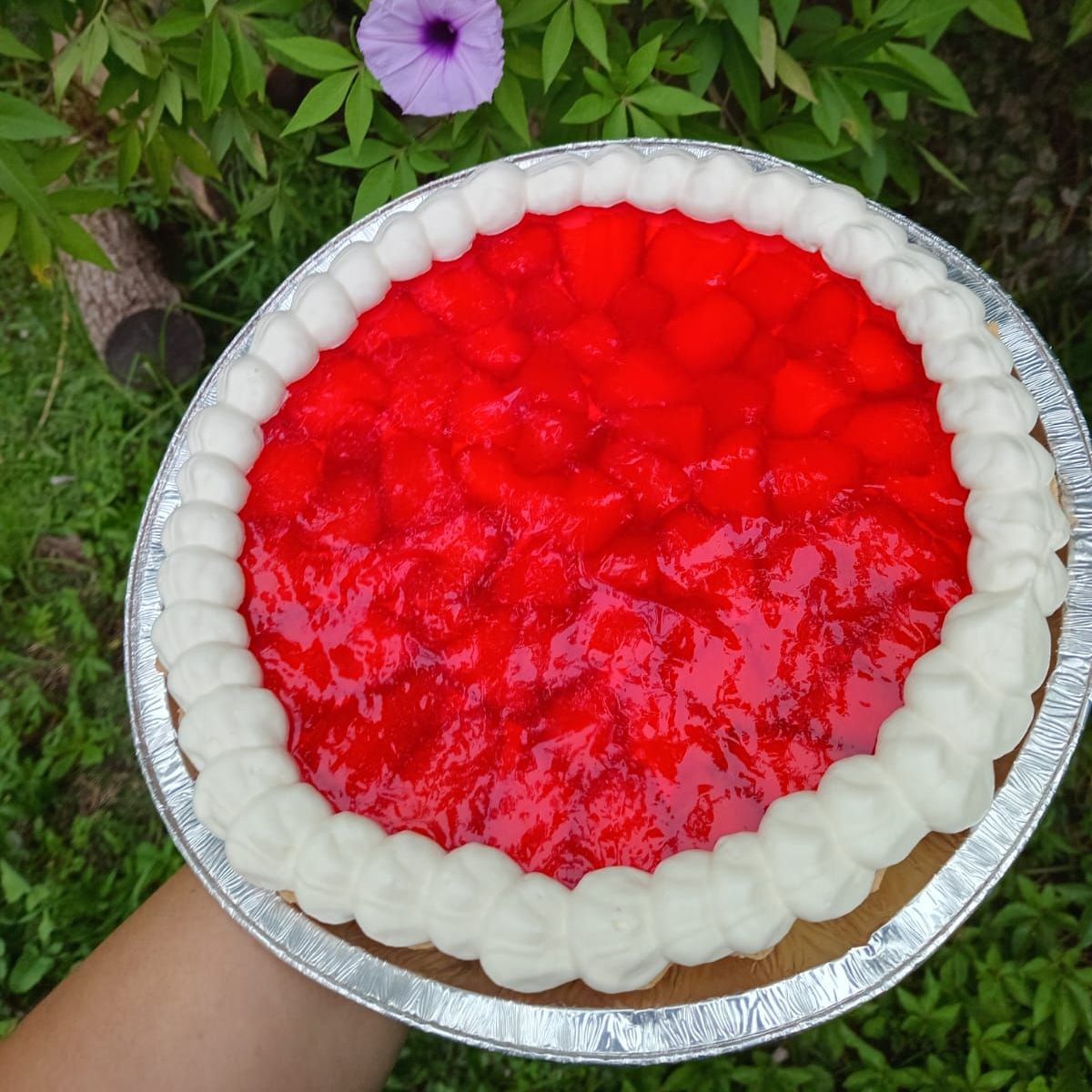 Una persona sostiene un pastel con fresas y crema batida.