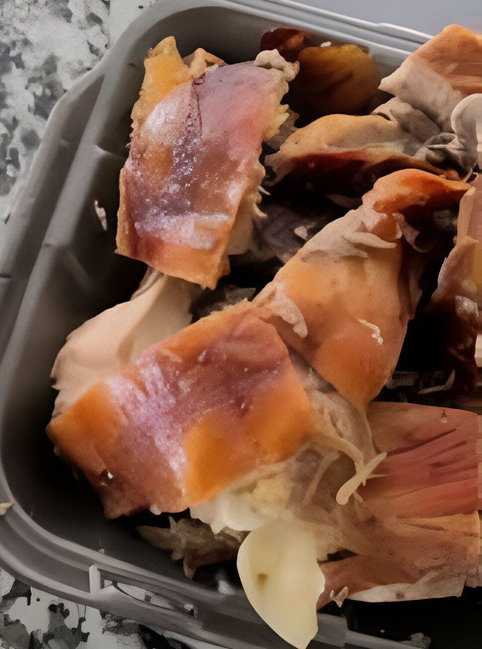 Un recipiente de poliestireno lleno de carne y verduras