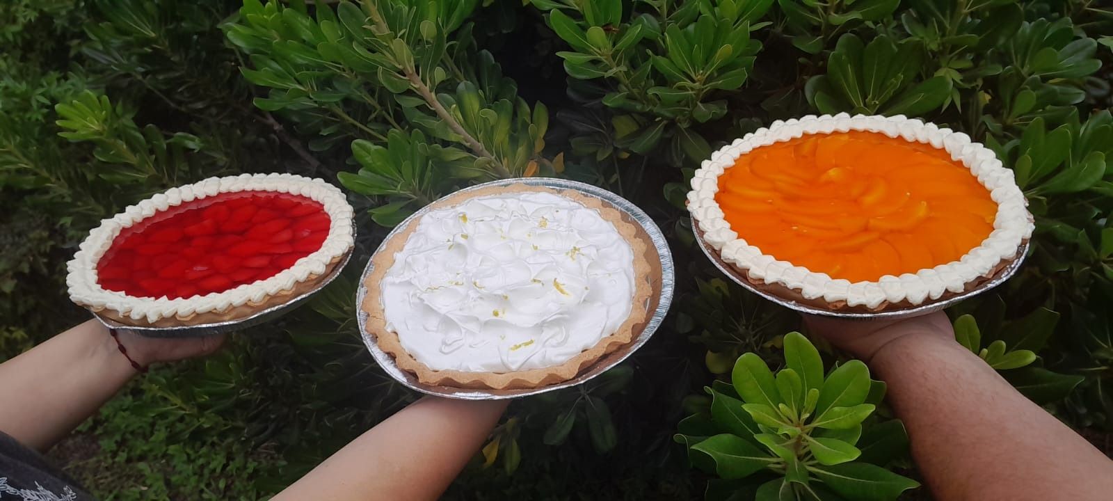 Una persona sostiene tres tipos diferentes de pasteles en sus manos.