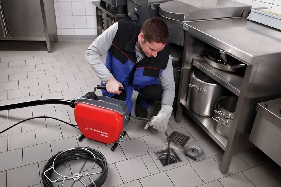 Trabajador utilizando una máquina roja de limpieza de desagües en un área de fregaderos de cocina comercial.