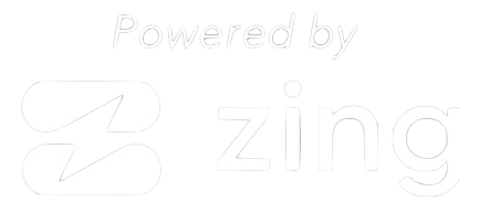 A white logo that says `` powered by zing '' on a white background.