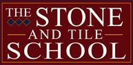 Logo for The Stone and Tile School in white text over a burgundy background with three diamond shapes.